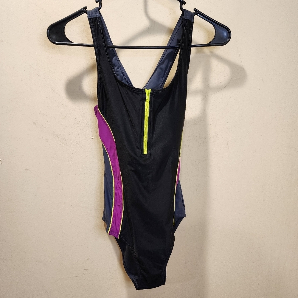 Everlast Black One Piece with Vibrant Purple and Yellow Highlights Swimmer 8